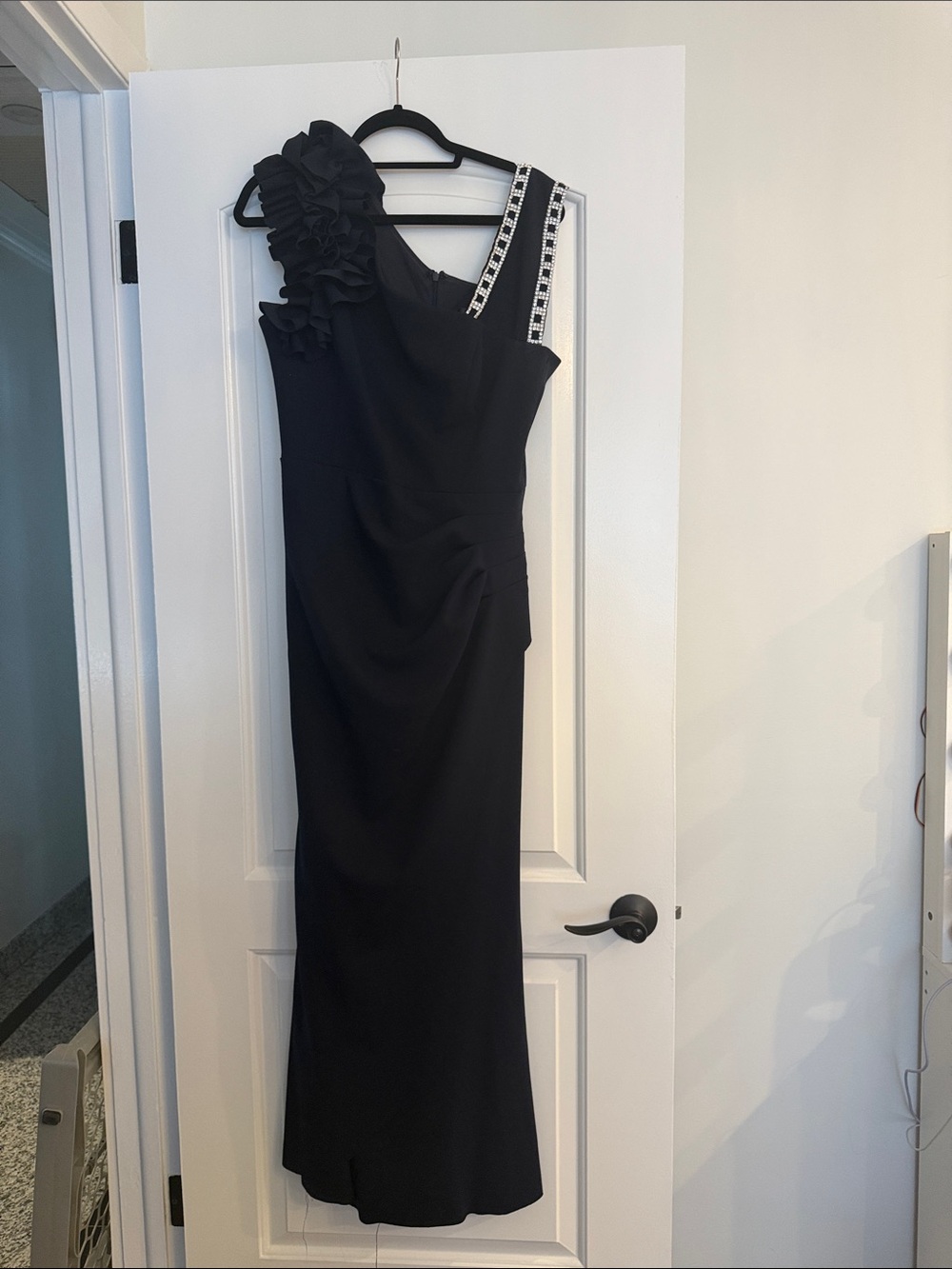 Aqua Black One-Shoulder Gown with Floral Ruffle and Embellished Strap